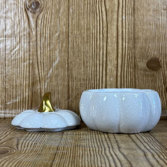 Ceramic Pumpkin Decorative Bowl with Lid White 6” - Picture 5 of 11